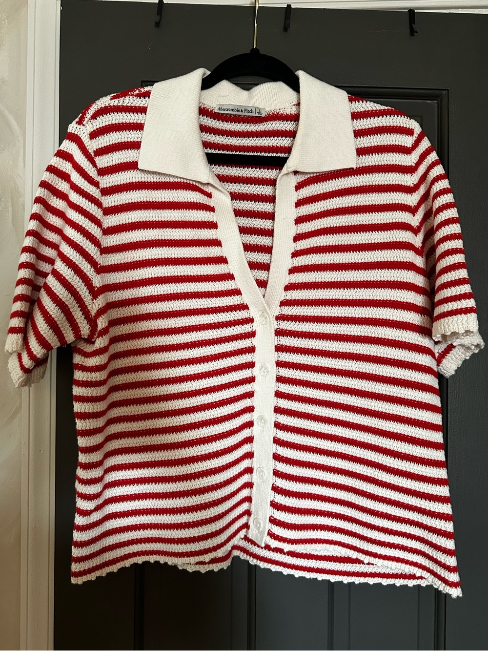 Abercrombie & Fitch Red and White Striped Knit Polo Cardigan